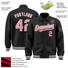 Load image into Gallery viewer, Custom Black Medium Pink-White Bomber Full-Snap Varsity Letterman Lapel Collar Byron Jacket
