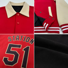 Load image into Gallery viewer, Custom Black Red Bomber Full-Snap Varsity Letterman Lapel Collar Byron Jacket
