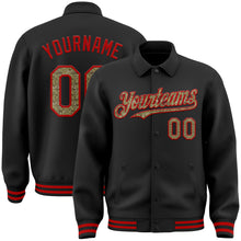 Load image into Gallery viewer, Custom Black Camo-Red Bomber Full-Snap Varsity Letterman Lapel Collar Byron Jacket
