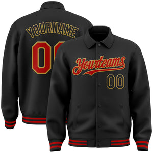 Custom Black Red-Old Gold Bomber Full-Snap Varsity Letterman Lapel Collar Byron Jacket