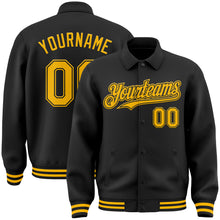 Load image into Gallery viewer, Custom Black Gold Bomber Full-Snap Varsity Letterman Lapel Collar Byron Jacket
