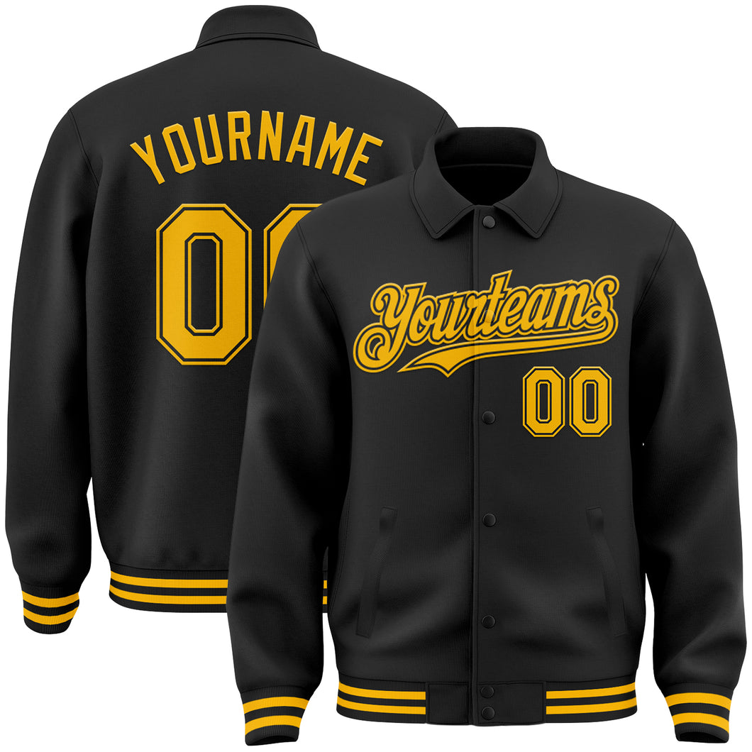 Custom Black Gold Bomber Full-Snap Varsity Letterman Lapel Collar Byron Jacket