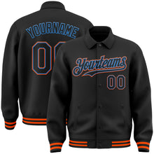 Load image into Gallery viewer, Custom Black Powder Blue-Orange Bomber Full-Snap Varsity Letterman Lapel Collar Byron Jacket
