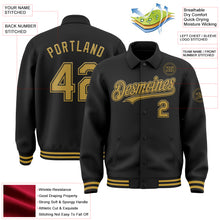 Load image into Gallery viewer, Custom Black Old Gold Bomber Full-Snap Varsity Letterman Lapel Collar Byron Jacket
