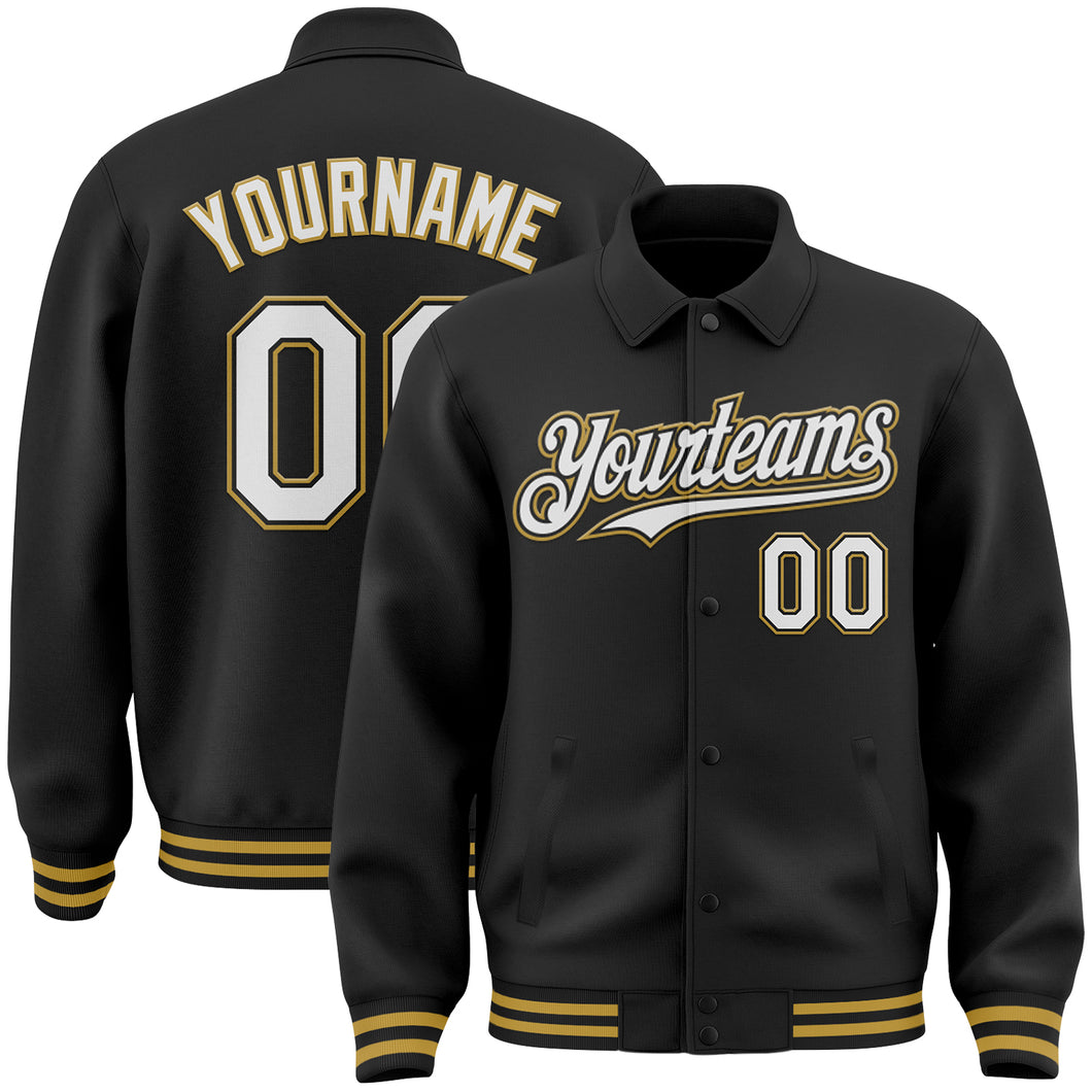 Custom Black White-Old Gold Bomber Full-Snap Varsity Letterman Lapel Collar Byron Jacket