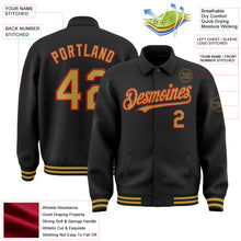 Load image into Gallery viewer, Custom Black Old Gold-Red Bomber Full-Snap Varsity Letterman Lapel Collar Byron Jacket
