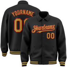 Load image into Gallery viewer, Custom Black Old Gold-Red Bomber Full-Snap Varsity Letterman Lapel Collar Byron Jacket
