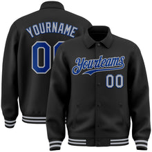 Load image into Gallery viewer, Custom Black Royal-Gray Bomber Full-Snap Varsity Letterman Lapel Collar Byron Jacket
