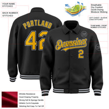 Load image into Gallery viewer, Custom Black Gold-Gray Bomber Full-Snap Varsity Letterman Lapel Collar Byron Jacket
