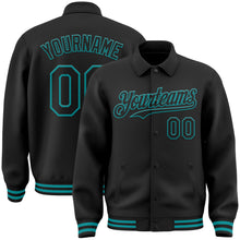 Load image into Gallery viewer, Custom Black Teal Bomber Full-Snap Varsity Letterman Lapel Collar Byron Jacket
