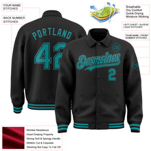 Load image into Gallery viewer, Custom Black Teal Bomber Full-Snap Varsity Letterman Lapel Collar Byron Jacket
