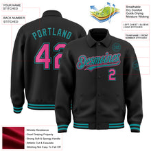 Load image into Gallery viewer, Custom Black Pink-Teal Bomber Full-Snap Varsity Letterman Lapel Collar Byron Jacket
