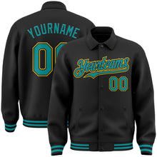 Load image into Gallery viewer, Custom Black Teal-Yellow Bomber Full-Snap Varsity Letterman Lapel Collar Byron Jacket
