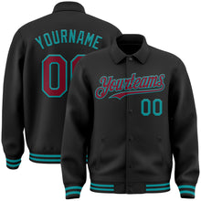 Load image into Gallery viewer, Custom Black Crimson-Teal Bomber Full-Snap Varsity Letterman Lapel Collar Byron Jacket
