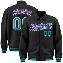 Load image into Gallery viewer, Custom Black Teal-Purple Bomber Full-Snap Varsity Letterman Lapel Collar Byron Jacket
