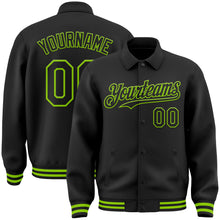 Load image into Gallery viewer, Custom Black Neon Green Bomber Full-Snap Varsity Letterman Lapel Collar Byron Jacket
