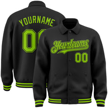 Load image into Gallery viewer, Custom Black Neon Green Bomber Full-Snap Varsity Letterman Lapel Collar Byron Jacket
