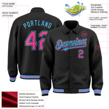 Load image into Gallery viewer, Custom Black Pink-Sky Blue Bomber Full-Snap Varsity Letterman Lapel Collar Byron Jacket
