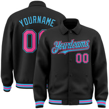 Load image into Gallery viewer, Custom Black Pink-Sky Blue Bomber Full-Snap Varsity Letterman Lapel Collar Byron Jacket
