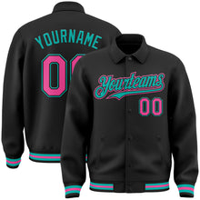 Load image into Gallery viewer, Custom Black Pink-Aqua Bomber Full-Snap Varsity Letterman Lapel Collar Byron Jacket
