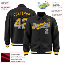 Load image into Gallery viewer, Custom Black Gold-White Bomber Full-Snap Varsity Letterman Lapel Collar Byron Jacket
