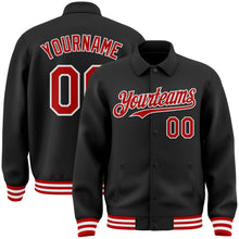 Load image into Gallery viewer, Custom Black Red-White Bomber Full-Snap Varsity Letterman Lapel Collar Byron Jacket
