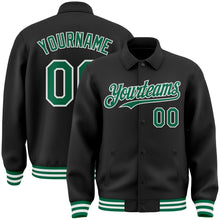 Load image into Gallery viewer, Custom Black Kelly Green-White Bomber Full-Snap Varsity Letterman Lapel Collar Byron Jacket
