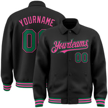 Load image into Gallery viewer, Custom Black Kelly Green-Pink Bomber Full-Snap Varsity Letterman Lapel Collar Byron Jacket
