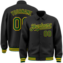 Load image into Gallery viewer, Custom Black Green-Gold Bomber Full-Snap Varsity Letterman Lapel Collar Byron Jacket
