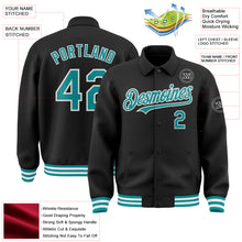 Load image into Gallery viewer, Custom Black Teal-White Bomber Full-Snap Varsity Letterman Lapel Collar Byron Jacket
