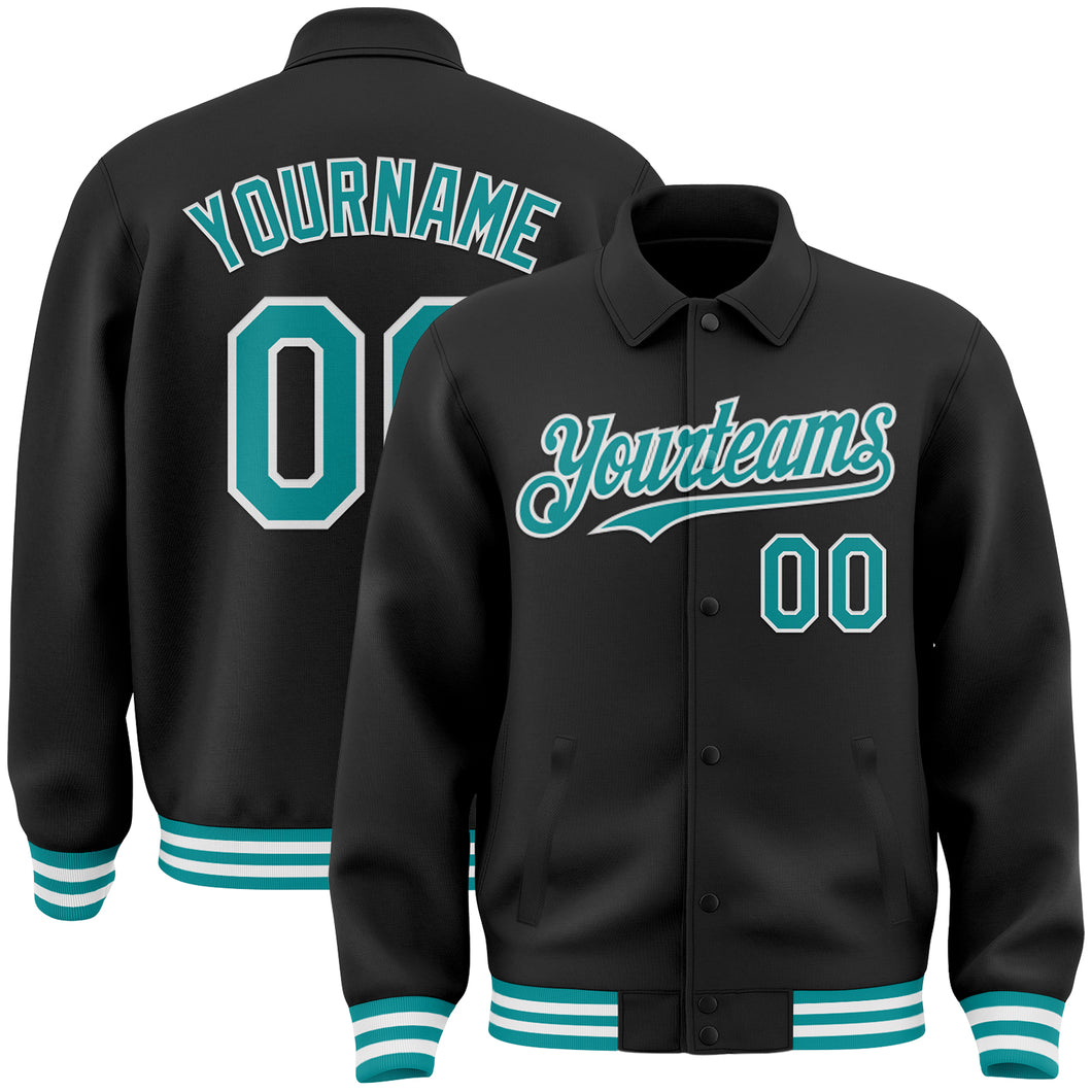 Custom Black Teal-White Bomber Full-Snap Varsity Letterman Lapel Collar Byron Jacket