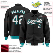 Load image into Gallery viewer, Custom Black White-Teal Bomber Full-Snap Varsity Letterman Lapel Collar Byron Jacket
