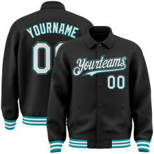 Load image into Gallery viewer, Custom Black White-Teal Bomber Full-Snap Varsity Letterman Lapel Collar Byron Jacket
