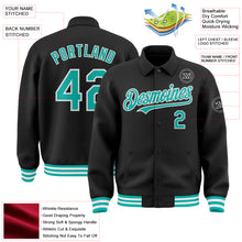 Load image into Gallery viewer, Custom Black Aqua-White Bomber Full-Snap Varsity Letterman Lapel Collar Byron Jacket
