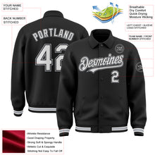 Load image into Gallery viewer, Custom Black White-Gray Bomber Full-Snap Varsity Letterman Lapel Collar Byron Jacket
