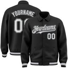 Load image into Gallery viewer, Custom Black White-Gray Bomber Full-Snap Varsity Letterman Lapel Collar Byron Jacket
