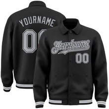 Load image into Gallery viewer, Custom Black Gray-White Bomber Full-Snap Varsity Letterman Lapel Collar Byron Jacket
