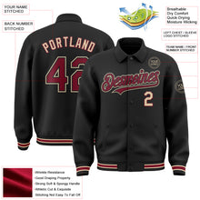 Load image into Gallery viewer, Custom Black Crimson-City Cream Bomber Full-Snap Varsity Letterman Lapel Collar Byron Jacket
