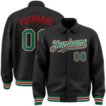 Load image into Gallery viewer, Custom Black Kelly Green-Red Bomber Full-Snap Varsity Letterman Lapel Collar Byron Jacket
