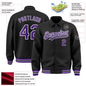 Custom Black Purple-White Bomber Full-Snap Varsity Letterman Lapel Collar Byron Jacket