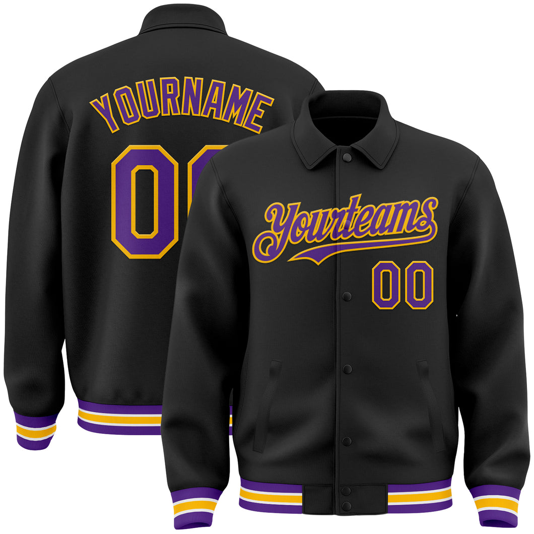 Custom Black Purple-Gold Bomber Full-Snap Varsity Letterman Lapel Collar Byron Jacket