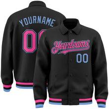 Load image into Gallery viewer, Custom Black Pink-Light Blue Bomber Full-Snap Varsity Letterman Lapel Collar Byron Jacket
