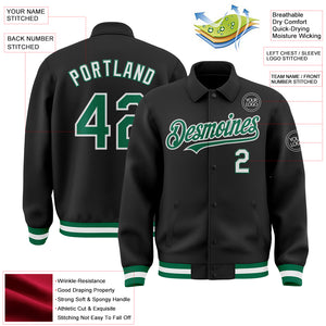 Custom Black Kelly Green-White Bomber Full-Snap Varsity Letterman Lapel Collar Byron Jacket