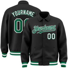 Load image into Gallery viewer, Custom Black Kelly Green-White Bomber Full-Snap Varsity Letterman Lapel Collar Byron Jacket
