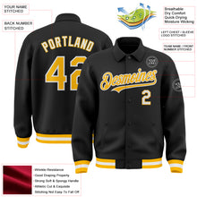 Load image into Gallery viewer, Custom Black Gold-White Bomber Full-Snap Varsity Letterman Lapel Collar Byron Jacket
