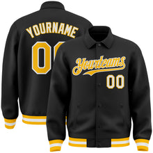 Load image into Gallery viewer, Custom Black Gold-White Bomber Full-Snap Varsity Letterman Lapel Collar Byron Jacket
