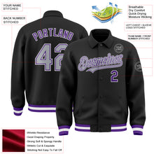 Load image into Gallery viewer, Custom Black Gray-Purple Bomber Full-Snap Varsity Letterman Lapel Collar Byron Jacket
