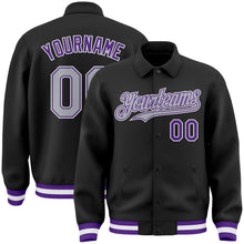 Load image into Gallery viewer, Custom Black Gray-Purple Bomber Full-Snap Varsity Letterman Lapel Collar Byron Jacket
