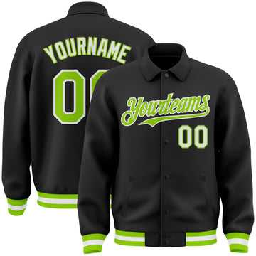 Custom Black Neon Green-White Bomber Full-Snap Varsity Letterman Lapel Collar Byron Jacket