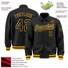 Load image into Gallery viewer, Custom Black Gold Bomber Full-Snap Varsity Letterman Lapel Collar Byron Jacket
